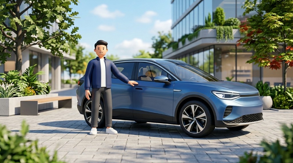모던차량 운전자보험 — 도심 광장의 청색 SUV